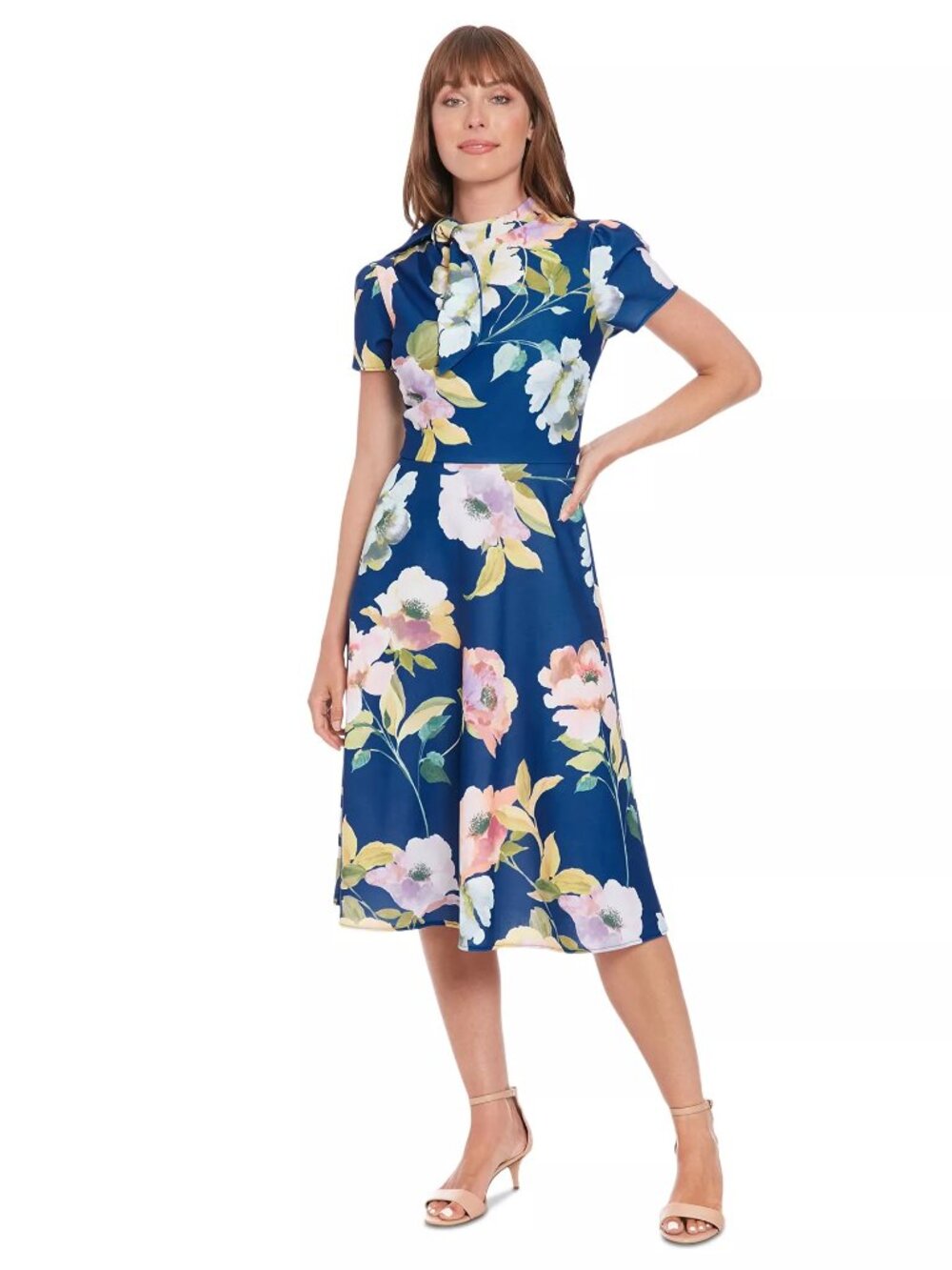 London Times Women's Tie-Neck Short-Sleeve A-Line Dress Navy/Peri Size 16